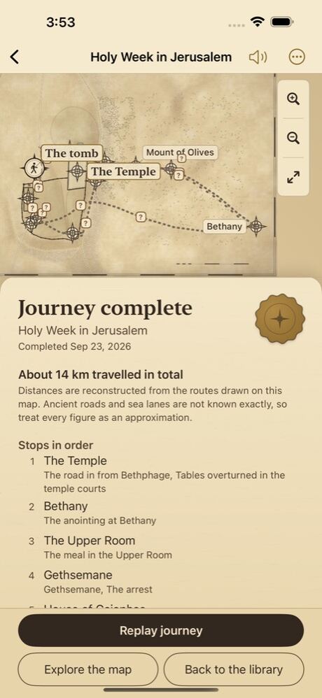 The journey summary for Holy Week in Jerusalem: about 14 km travelled, and the stops in order.