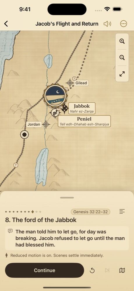 Jacob's Flight and Return on iPhone: the ford of the Jabbok, with dotted routes and the modern site name under Peniel.